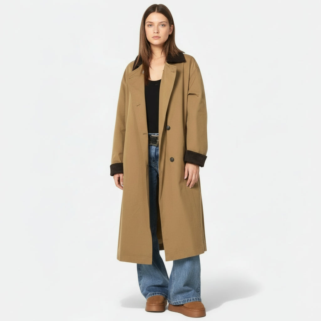 Women’s Single-Breasted Cotton Patchwork Mid-Length Trench Coat