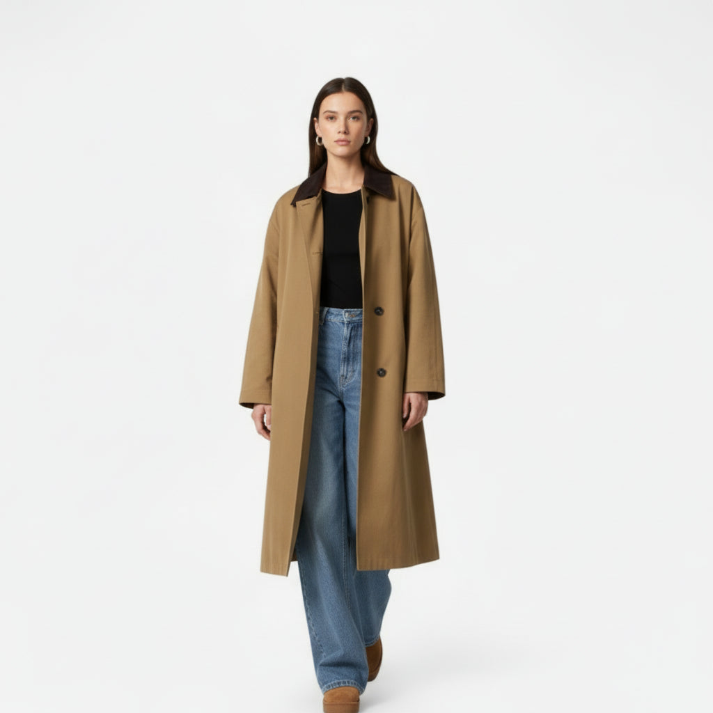 Women’s Single-Breasted Cotton Patchwork Mid-Length Trench Coat