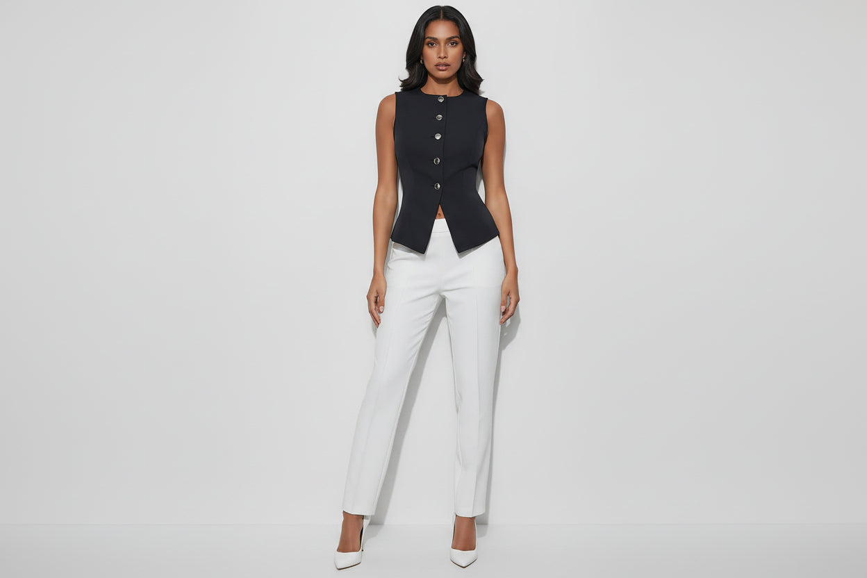 Women’s Sleeveless Button Vest Slim Fit Defined Waist