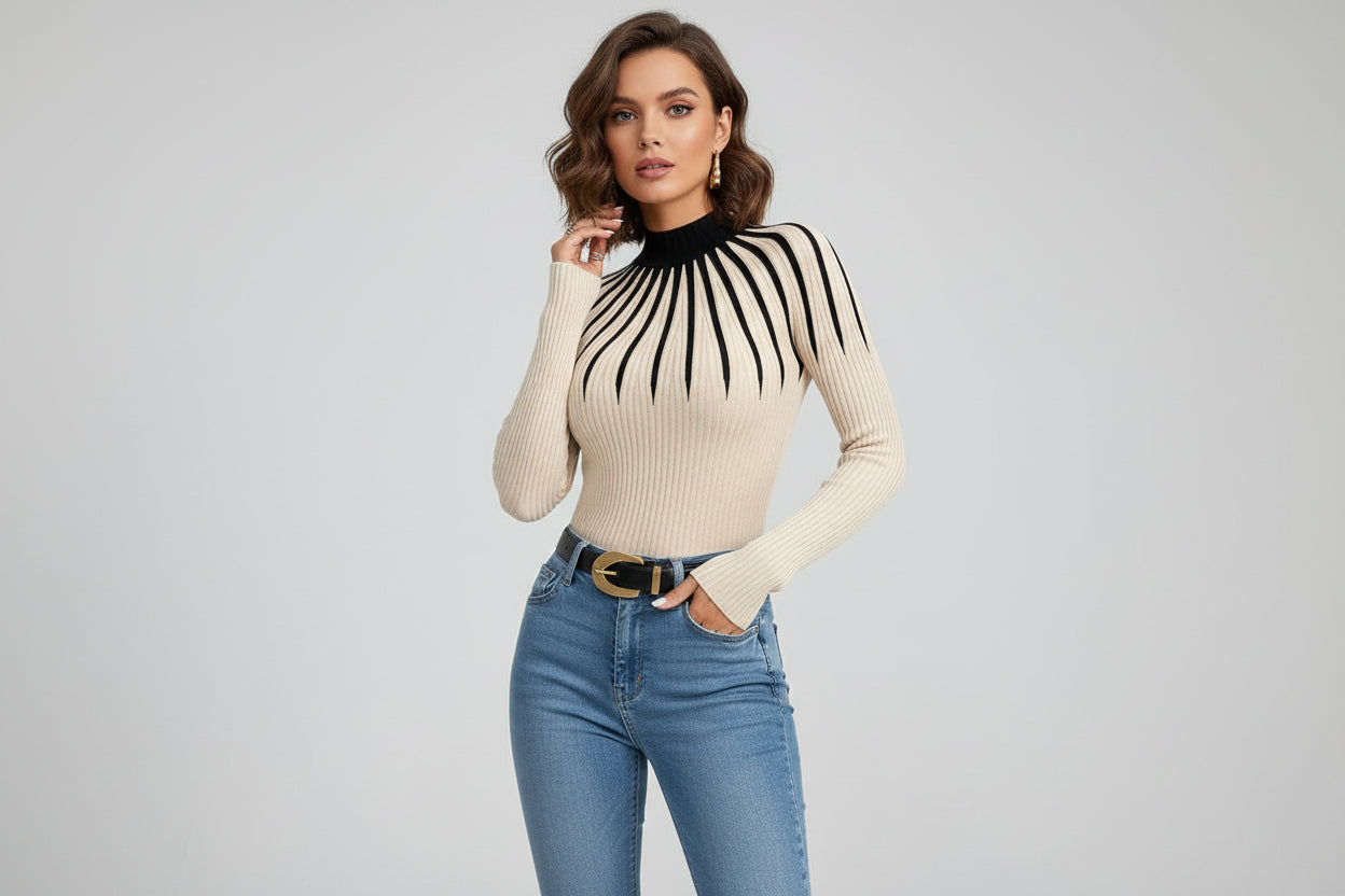 Women’s Slim Fit Mock Neck Ribbed Striped Knit Sweater