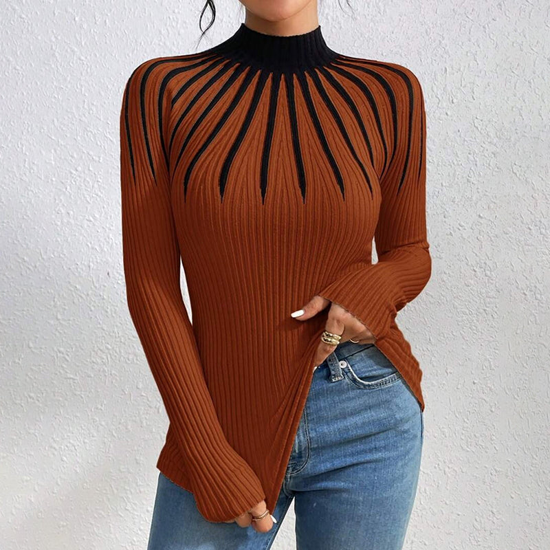 Women’s Slim Fit Mock Neck Ribbed Striped Knit Sweater