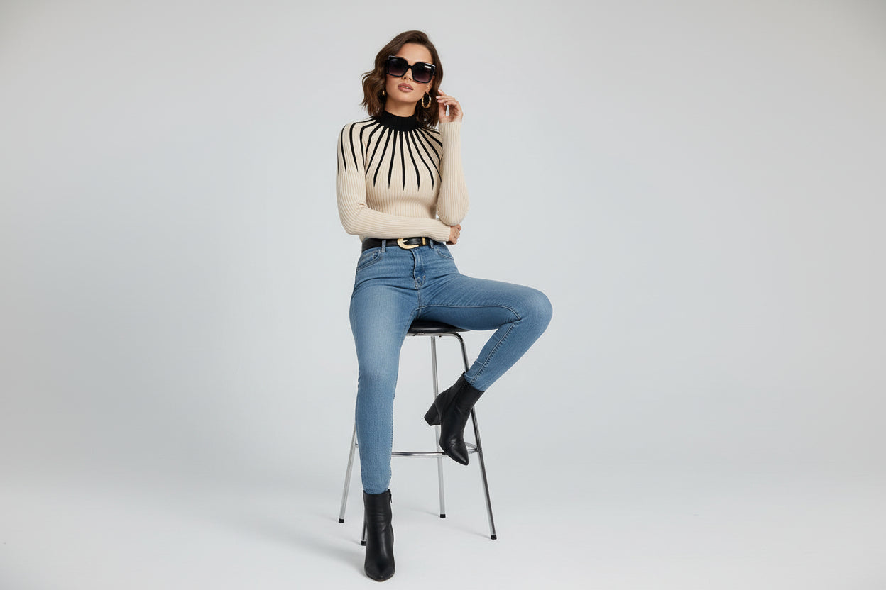 Women’s Slim Fit Mock Neck Ribbed Striped Knit Sweater