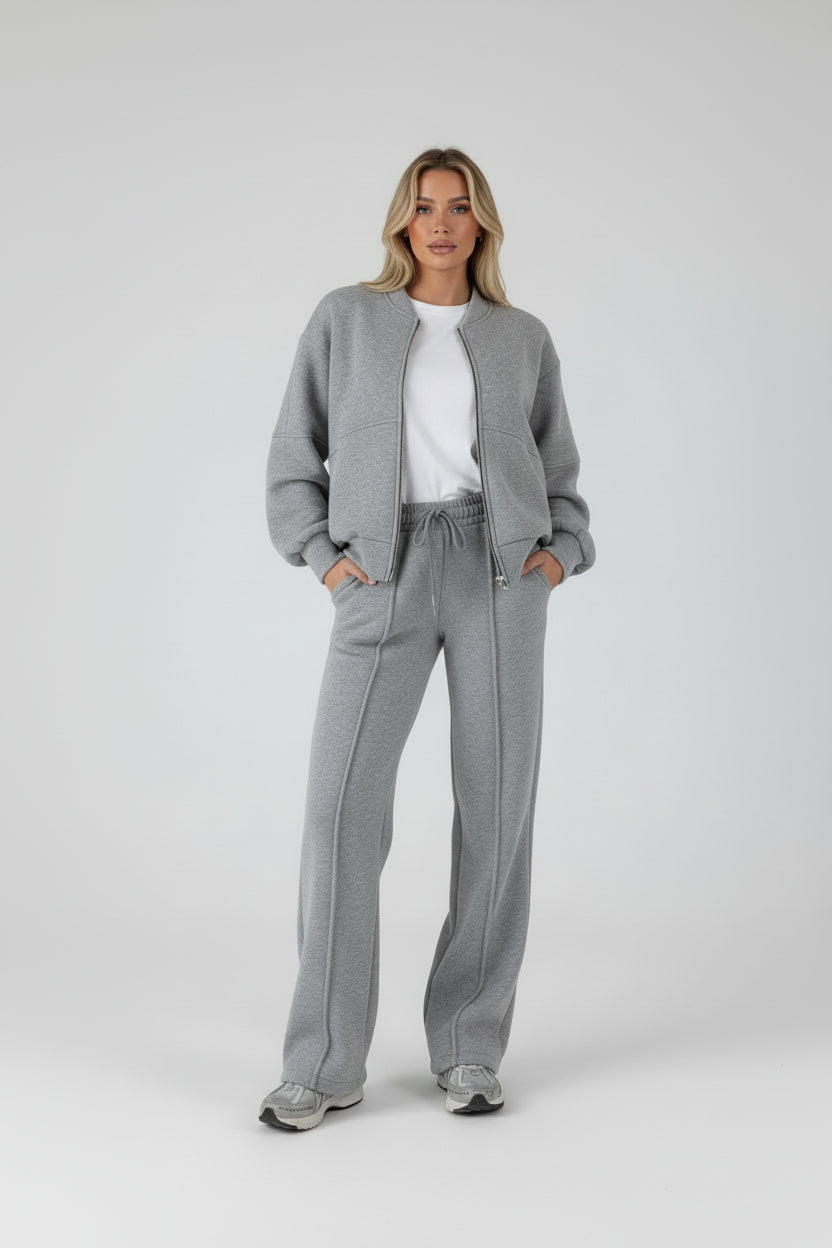 Women’s Solid Color Long Sleeve Sweater and Zipper Trousers Two-Piece Commuter Set