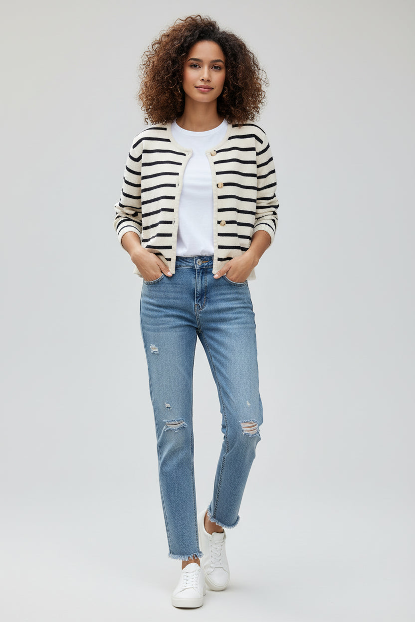Women’s Striped Knitted Cropped Cardigan Sweater