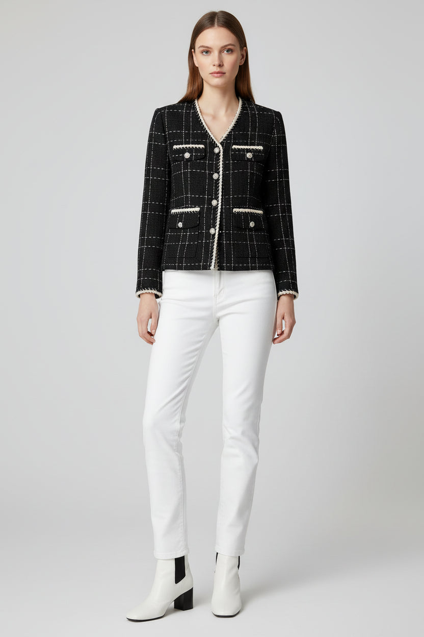 Women’s Tweed Short Coat with Pearl Button