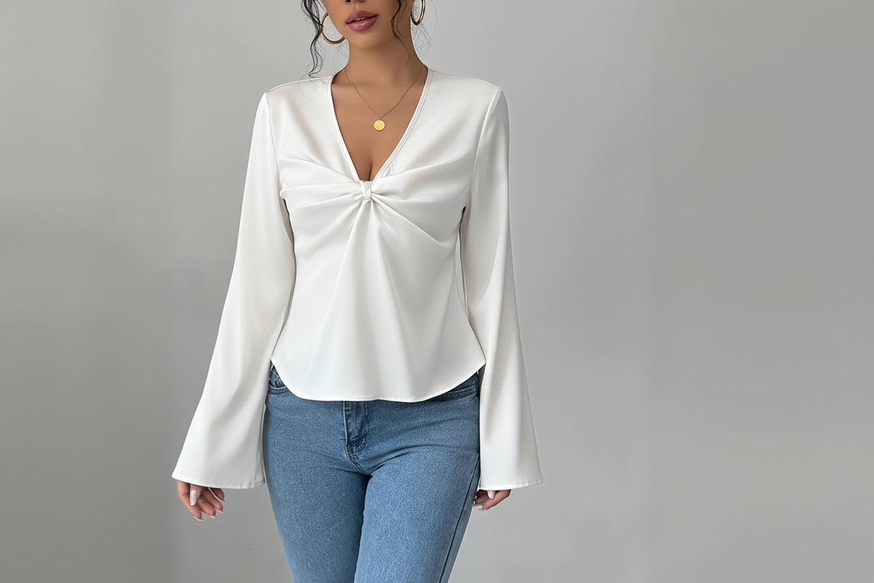 Women’s Twisted Satin Texture Shirt Long Sleeve Pleated Elegant Top