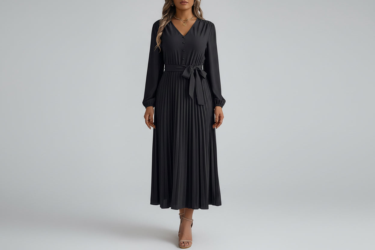Women’s V-neck Button Lace-up Pleated Maxi Dress