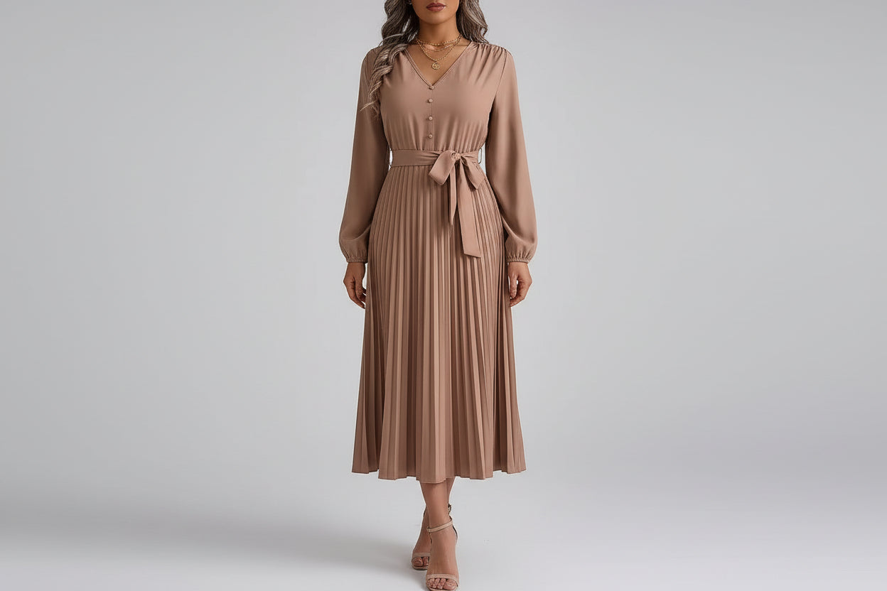 Women’s V-neck Button Lace-up Pleated Maxi Dress