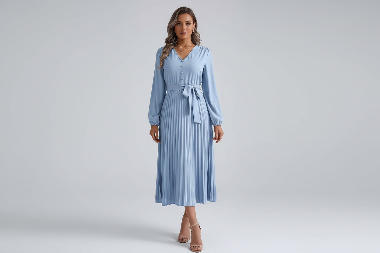 Women’s V-neck Button Lace-up Pleated Maxi Dress