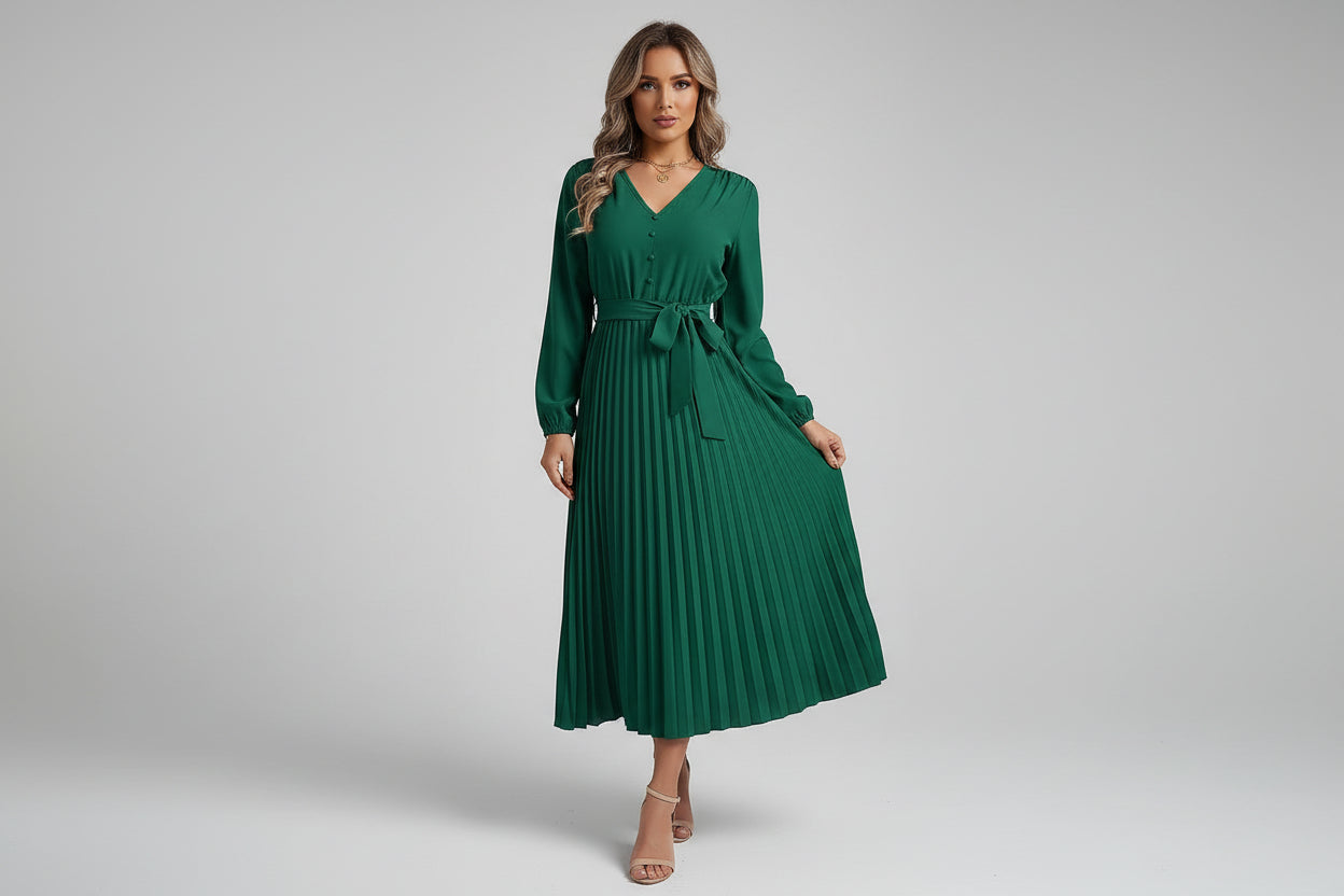 Women’s V-neck Button Lace-up Pleated Maxi Dress