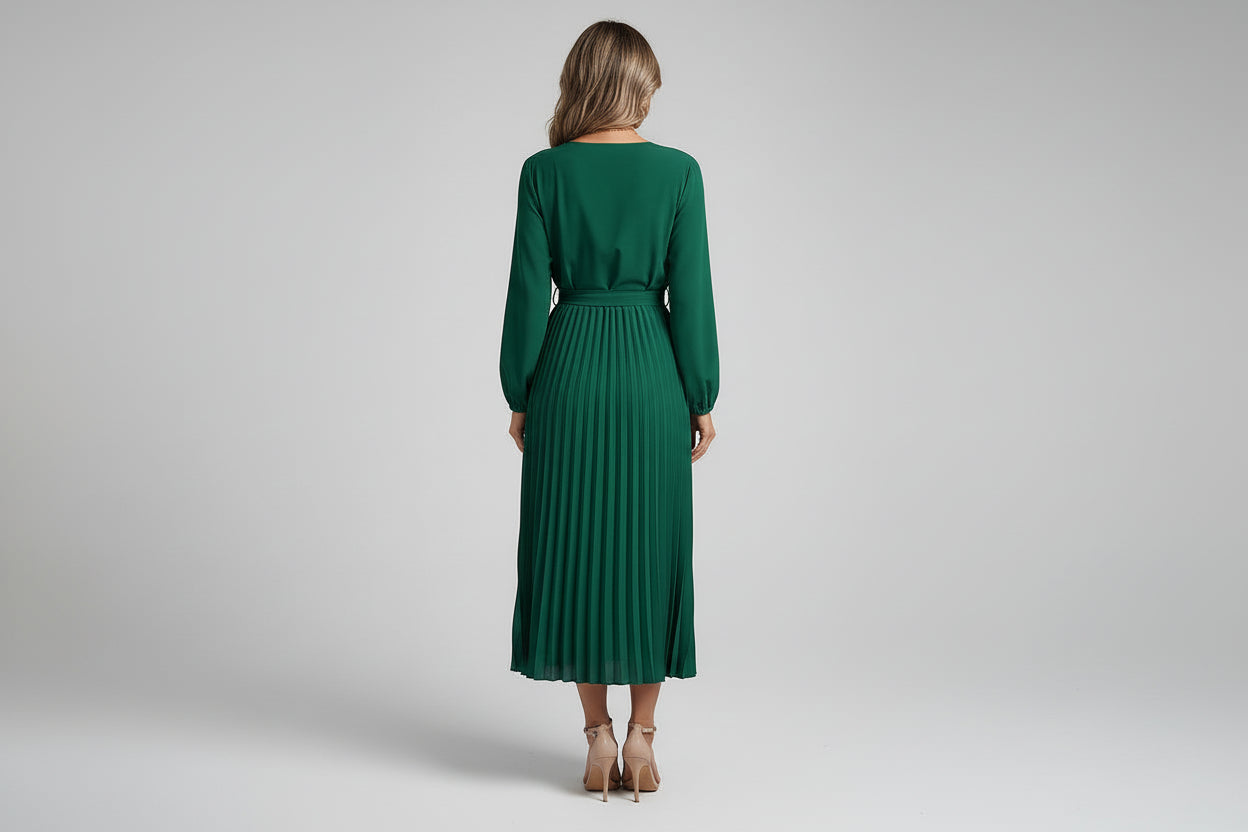 Women’s V-neck Button Lace-up Pleated Maxi Dress