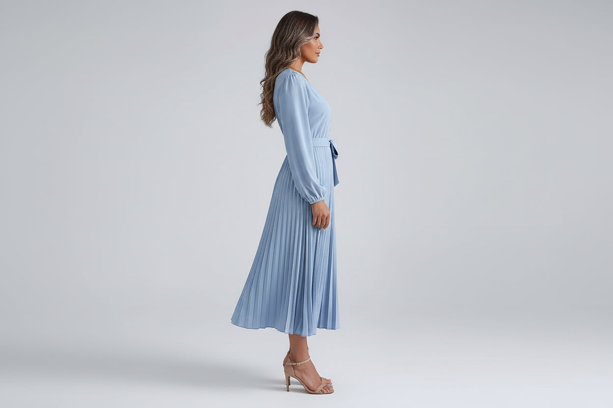 Women’s V-neck Button Lace-up Pleated Maxi Dress