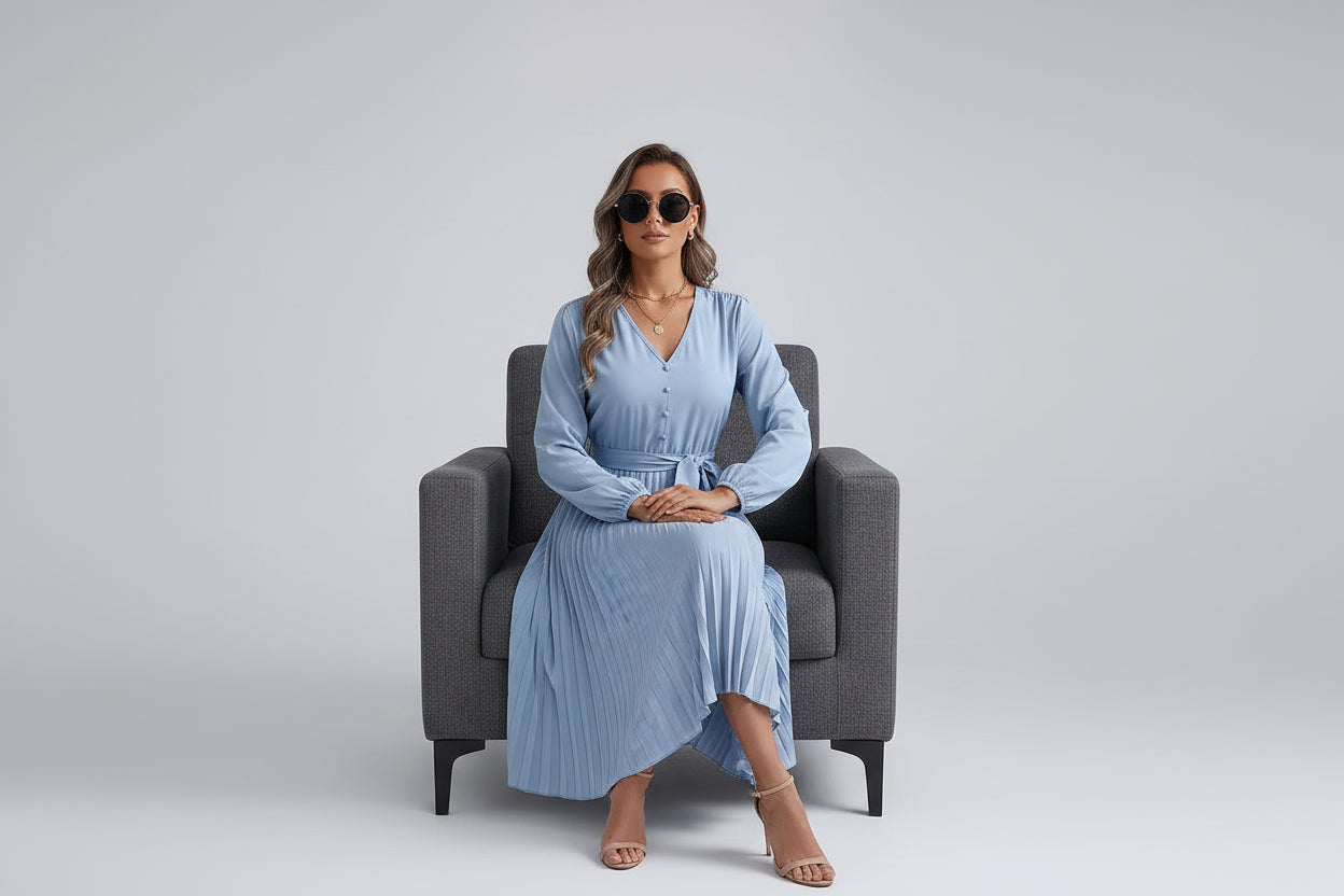 Women’s V-neck Button Lace-up Pleated Maxi Dress