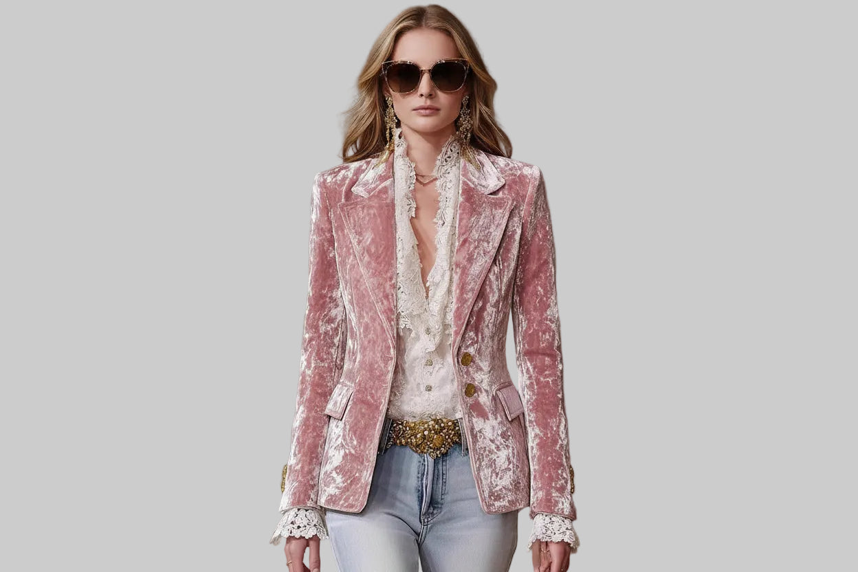 Women’s Velvet Slim Fit Long Sleeve Blazer Pink Autumn Winter Jacket