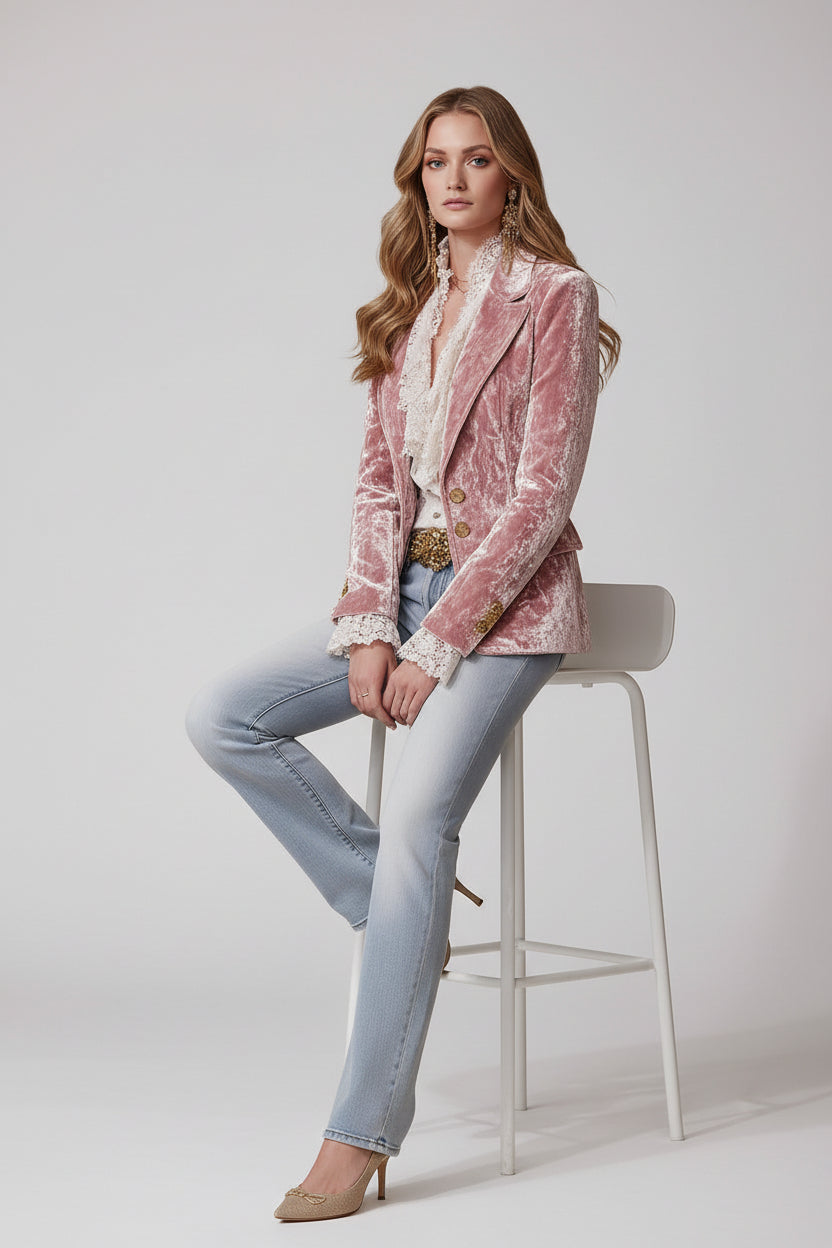 Women’s Velvet Slim Fit Long Sleeve Blazer Pink Autumn Winter Jacket