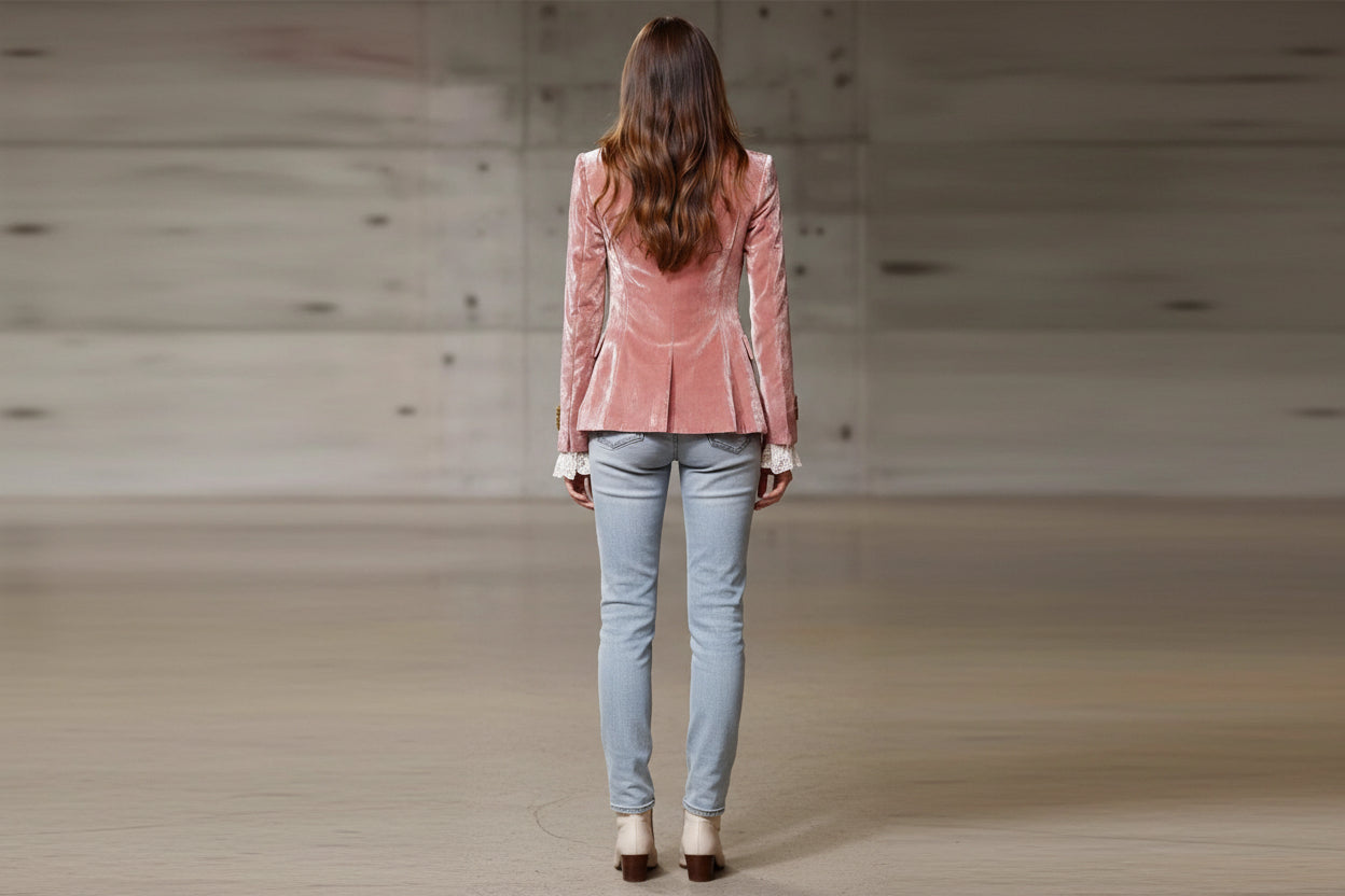 Women’s Velvet Slim Fit Long Sleeve Blazer Pink Autumn Winter Jacket