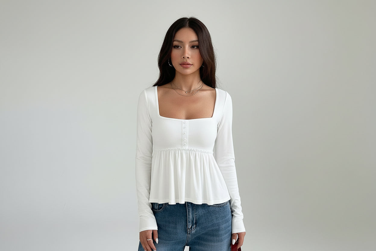 Women’s Square Neck Long Sleeve Waist-Tie Pullover Top