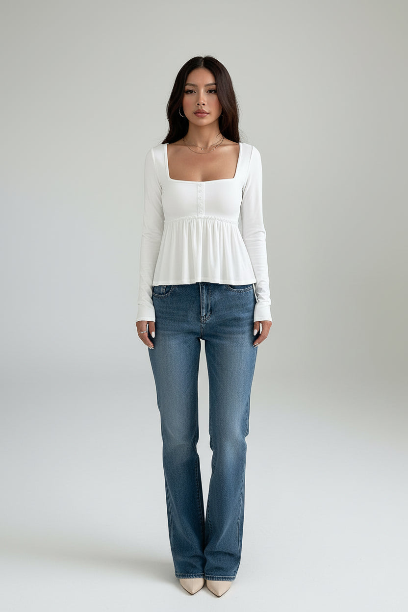 Women’s Square Neck Long Sleeve Waist-Tie Pullover Top