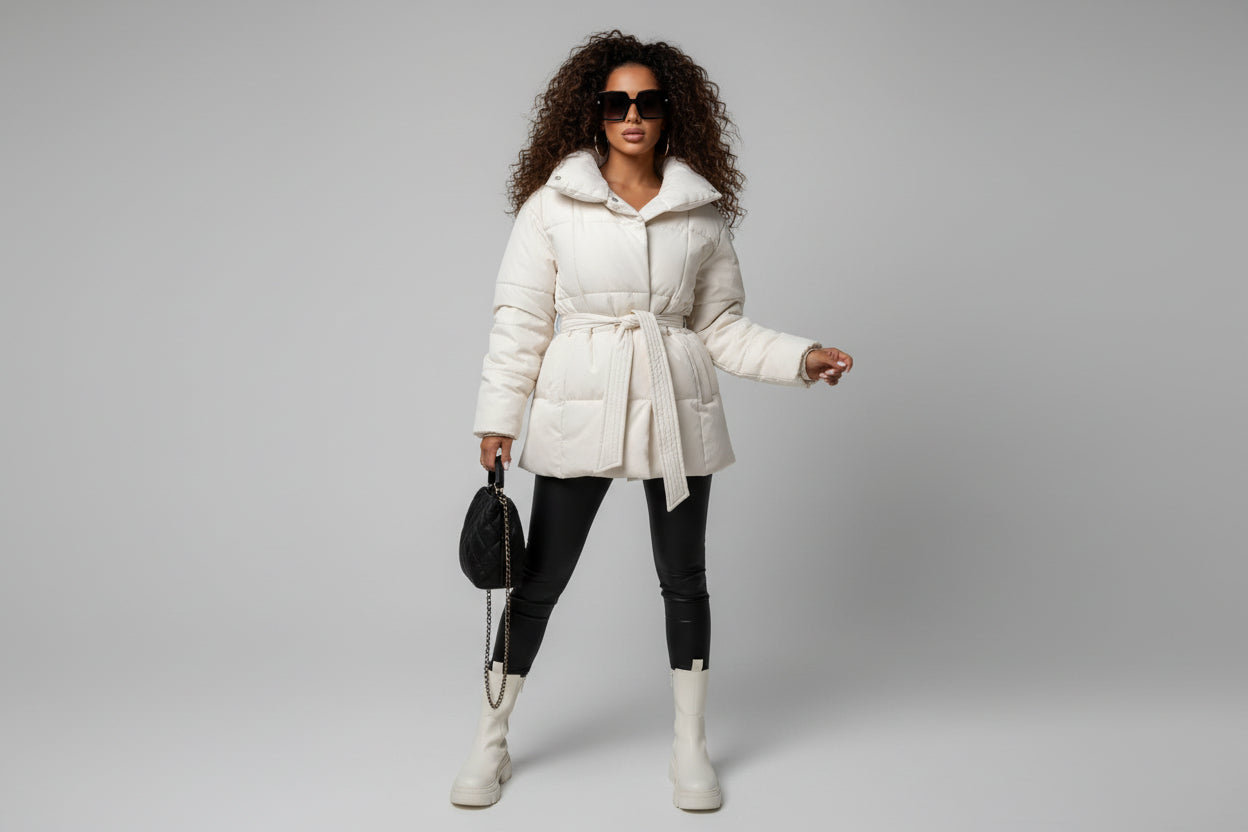 Women’s Winter Thickened Cotton Coat Long Length Lapel Jacket with Belt