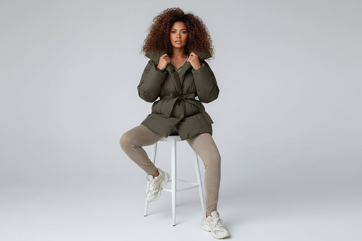 Women’s Winter Thickened Cotton Coat Long Length Lapel Jacket with Belt