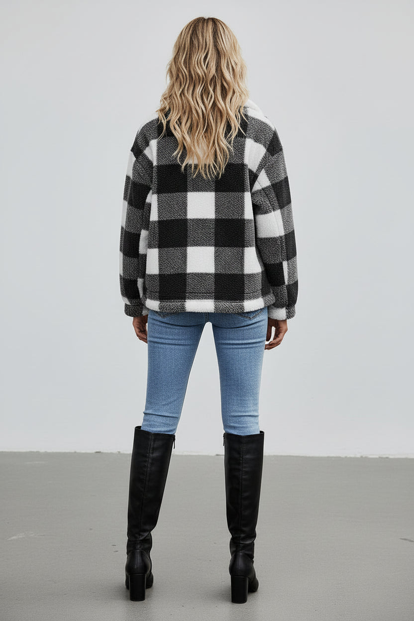 Women’s Zipper Cardigan Plaid Plush Jacket