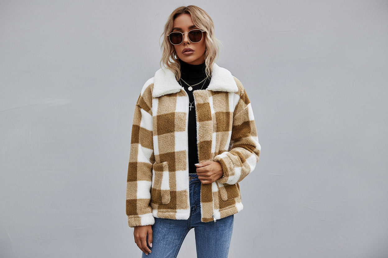 Women’s Zipper Cardigan Plaid Plush Jacket
