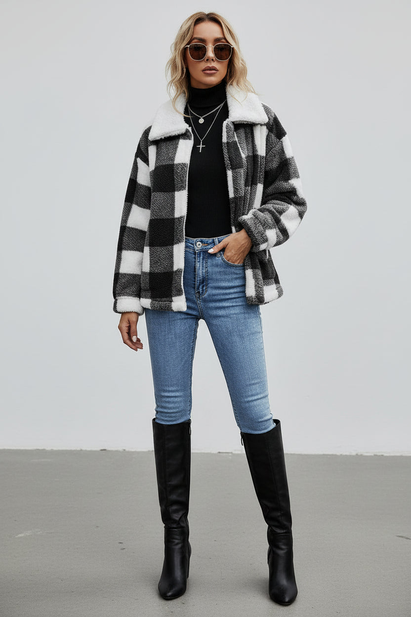 Women’s Zipper Cardigan Plaid Plush Jacket