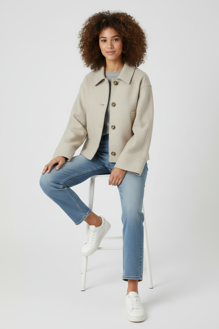 Beige jacket - sitting on stool