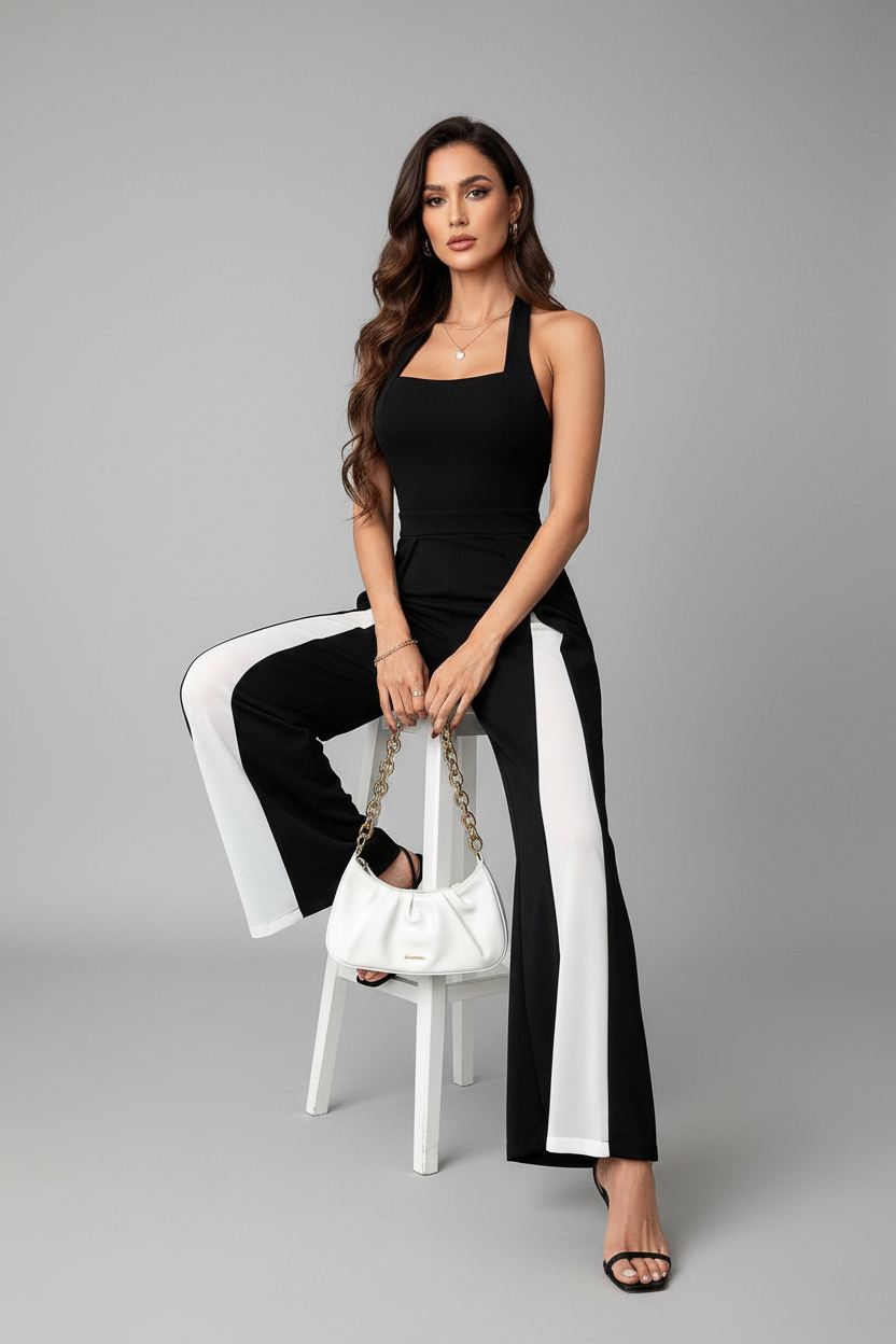 Black and white jumpsuit - sitting on stool