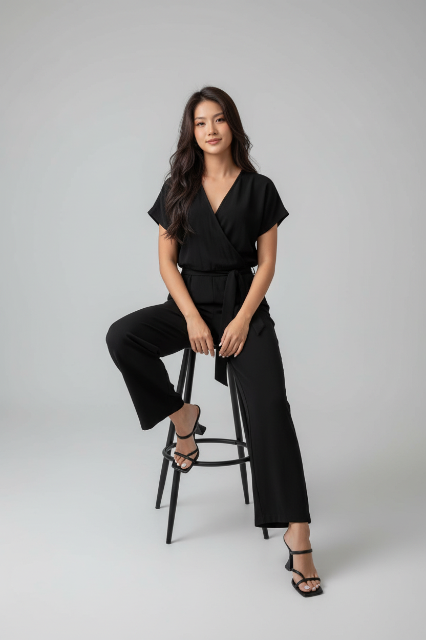 Black wrap jumpsuit - sitting on stool