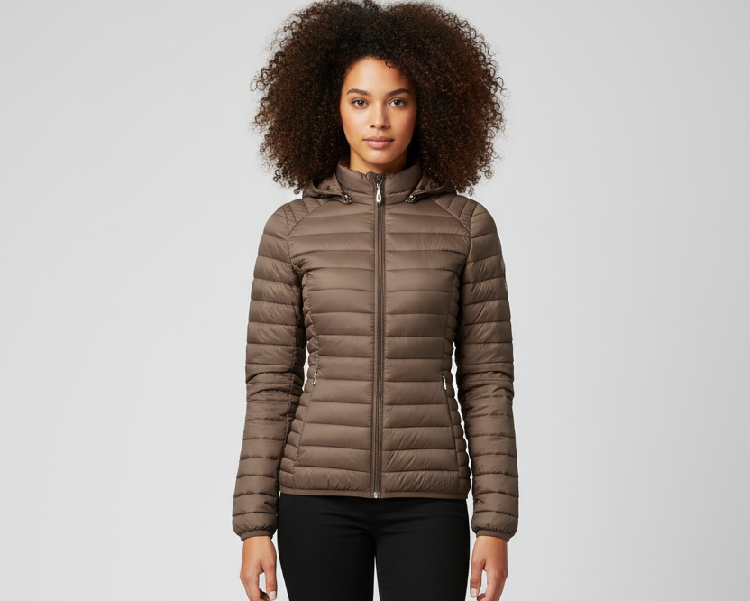 Brown puffer jacket - full body front