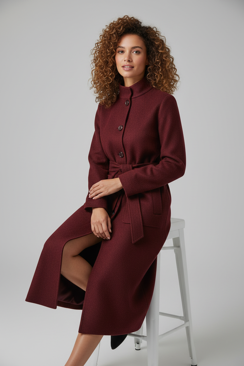 Burgundy coat - sitting on stool
