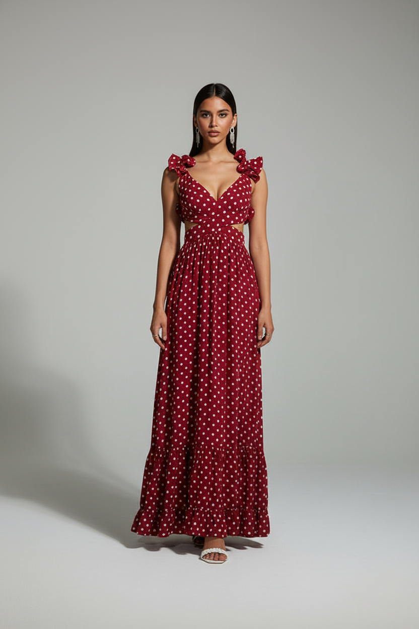 Burgundy polka dot maxi dress - full body front