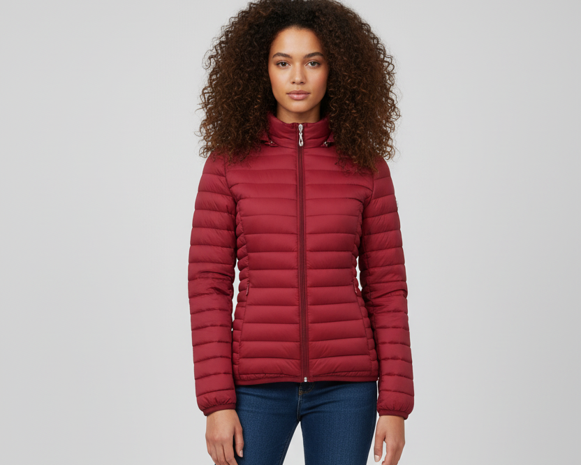 Burgundy puffer jacket - full body front