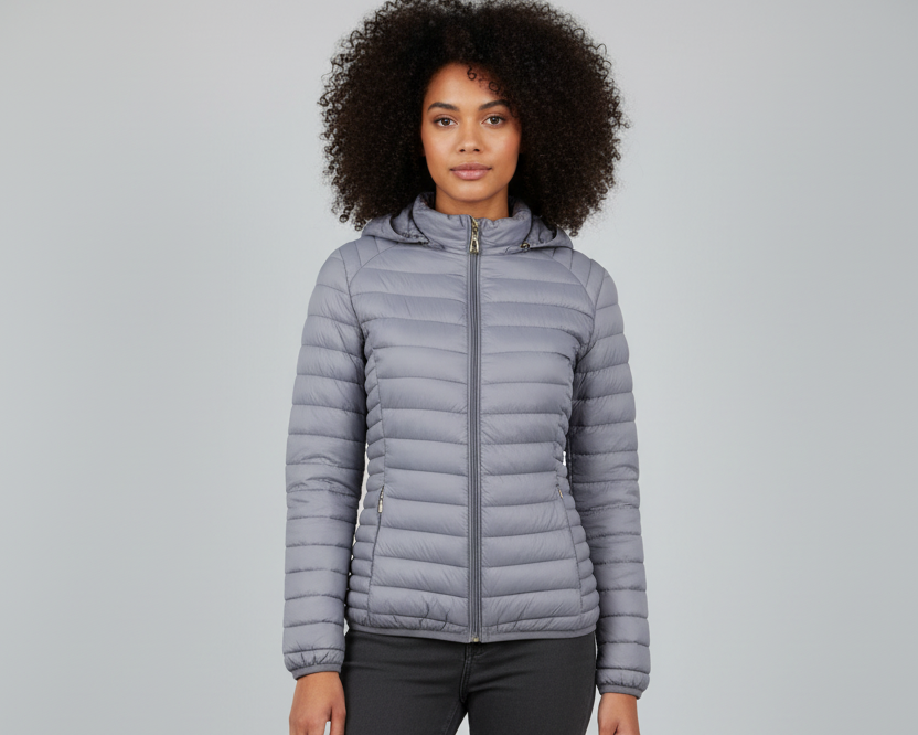Grey puffer jacket - full body front