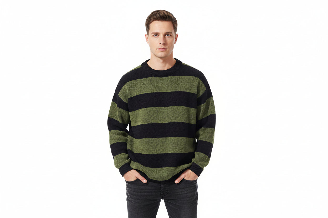 Men’s Contrast Stripe Round Neck Pullover Sweater Loose Fit Autumn Winter Knit