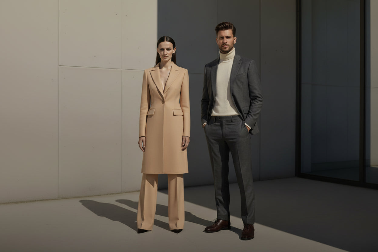 Woman wearing a white suit standing against a plain wall.