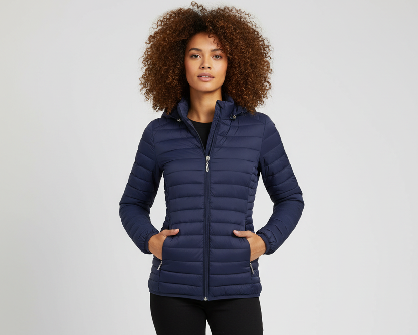 Navy blue puffer jacket - full body front