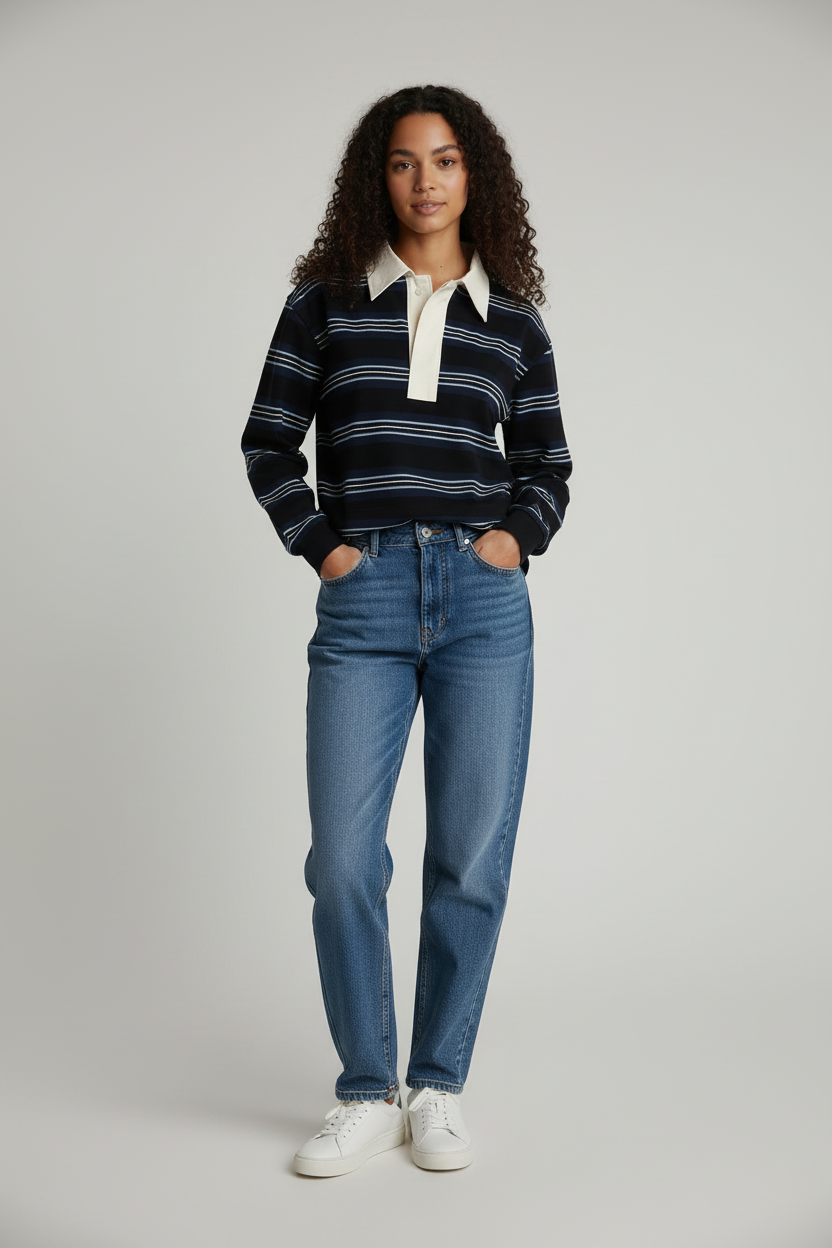 Navy striped polo - full body front