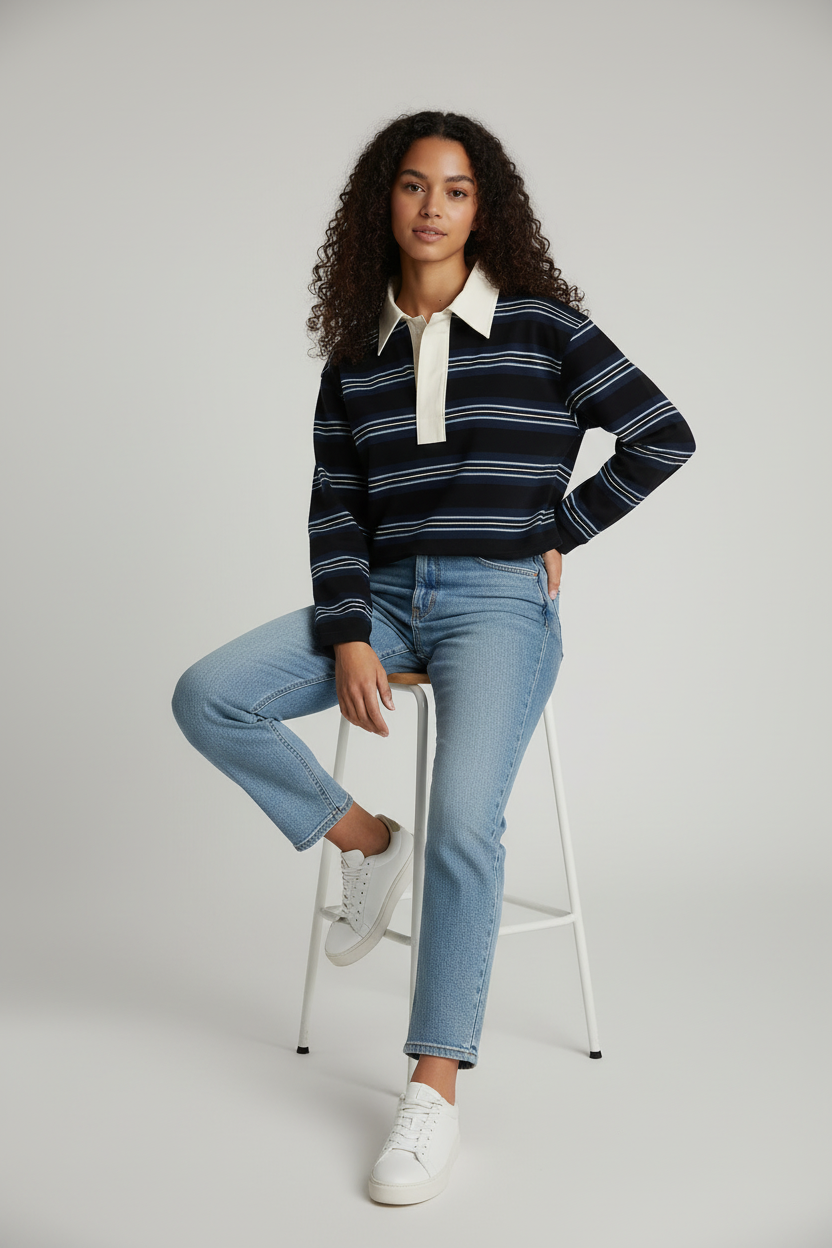 Navy striped polo - sitting on stool