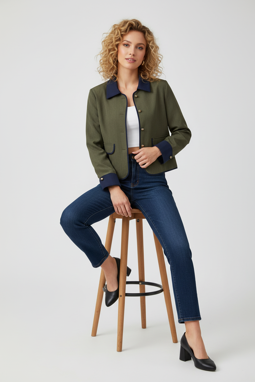 Olive green jacket - sitting on stool