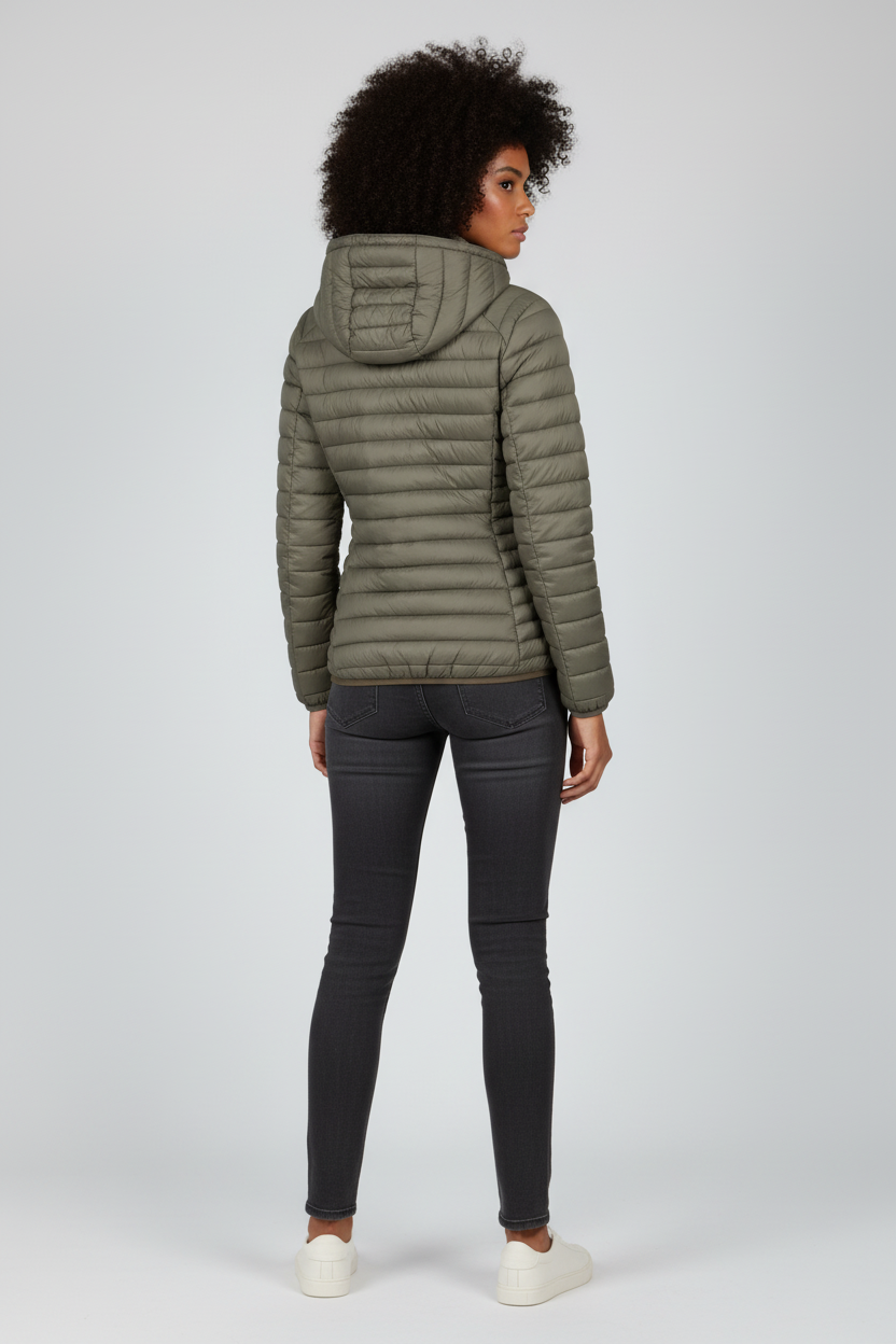 Olive puffer jacket - back view