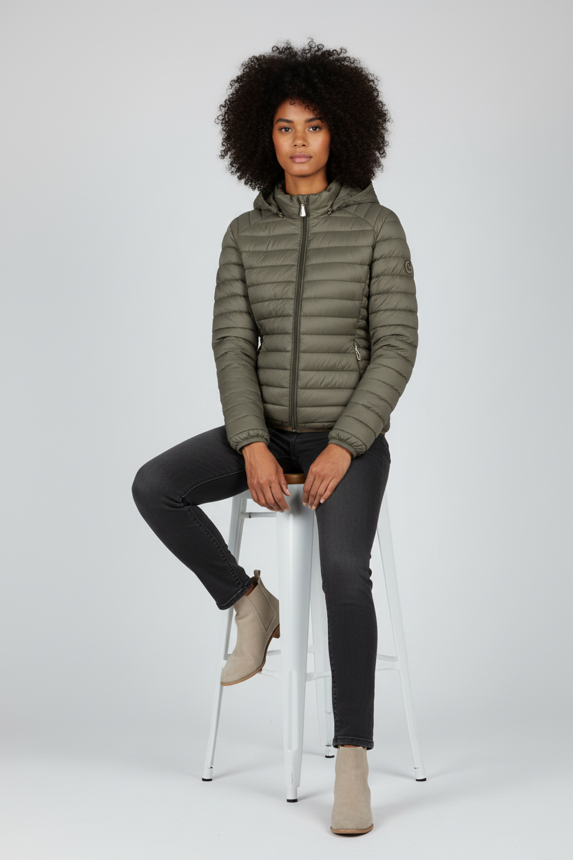 Olive puffer jacket - sitting on stool