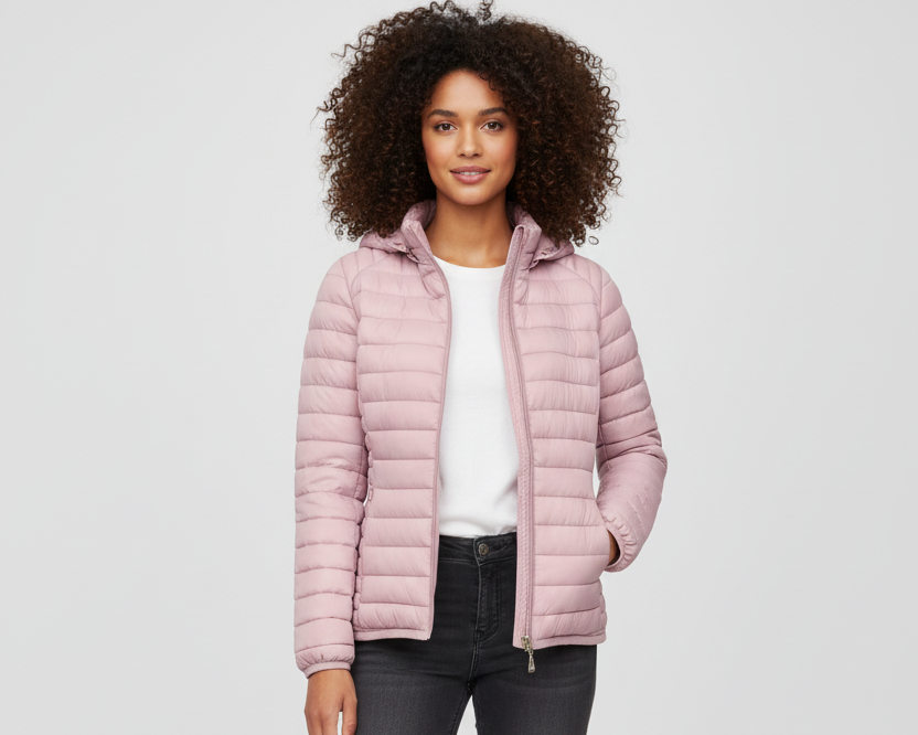 Pink puffer jacket - full body front