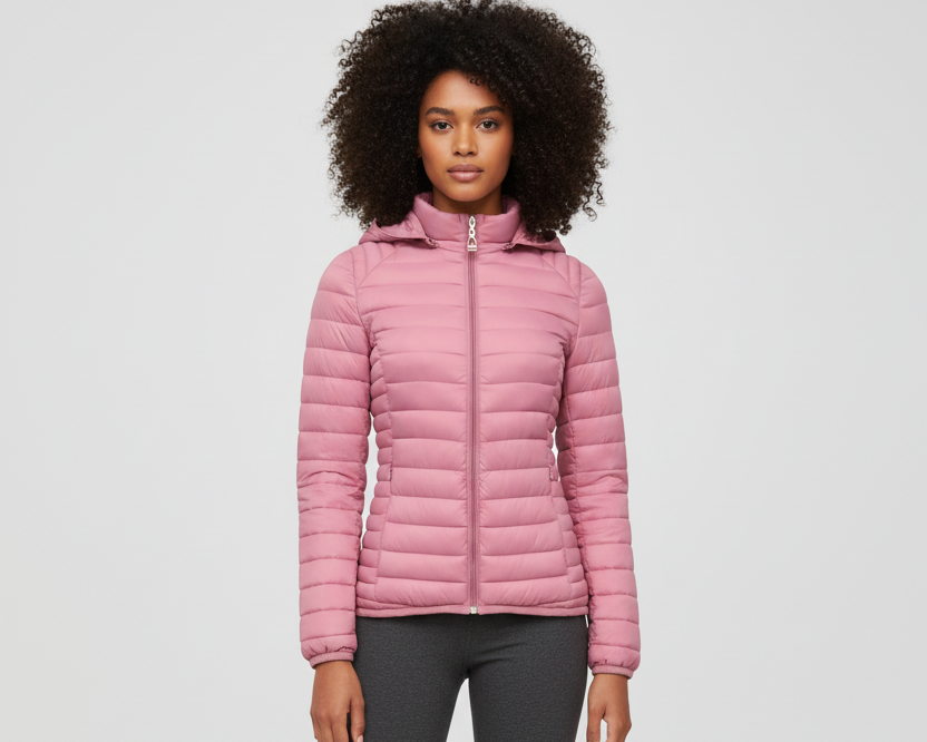 Pink puffer jacket - full body front